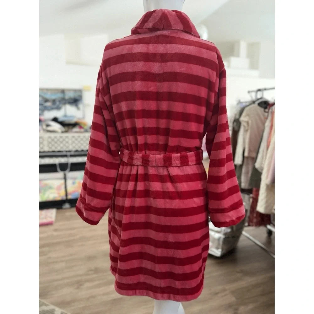 Kate Spade Soft Plush Robe Sz M Wrap Belt Tie Chenille Red Pink Stripe Cozy Pink